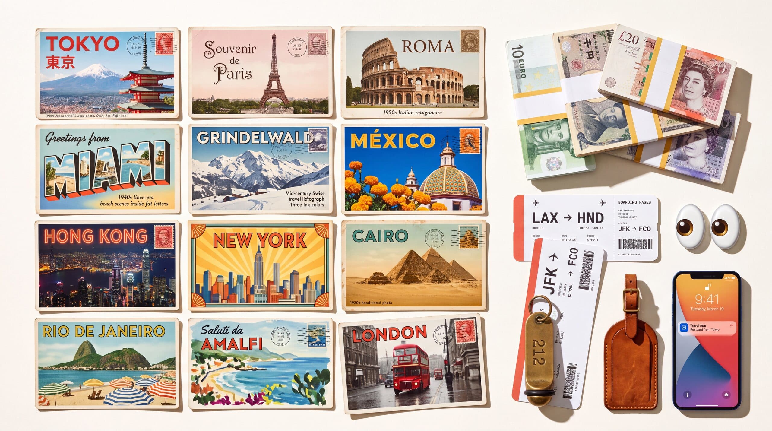 Knolled travel tableau — boarding passes, passport, and postcards arranged on a cobalt background
